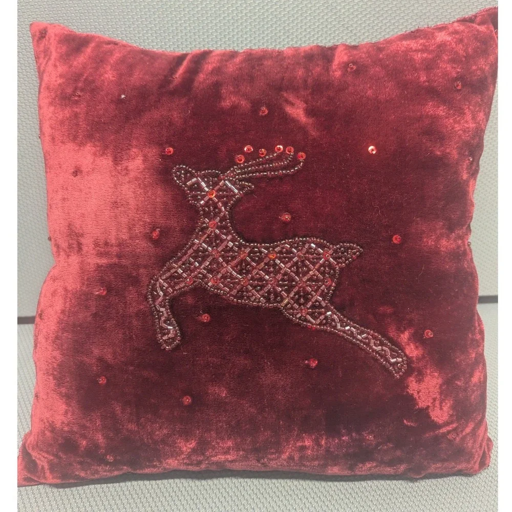VTG Pottery Barn Red Velvet Christmas Reindeer Bead Sequin Throw Pillow Holiday